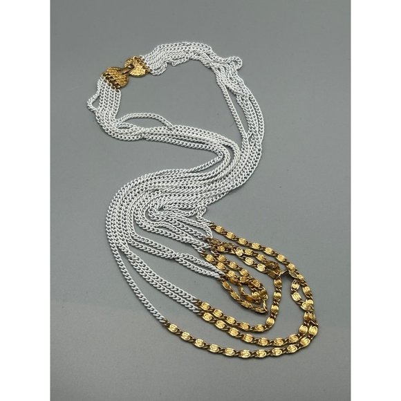 Vintage Signed Monet Multi Chain Necklace White Enamel & Gold Tone 80s Jewelry - Picture 10 of 10